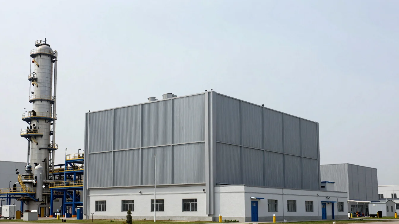 Clean architectural photograph of modern semiconductor manufacturing facility under neutral daylight