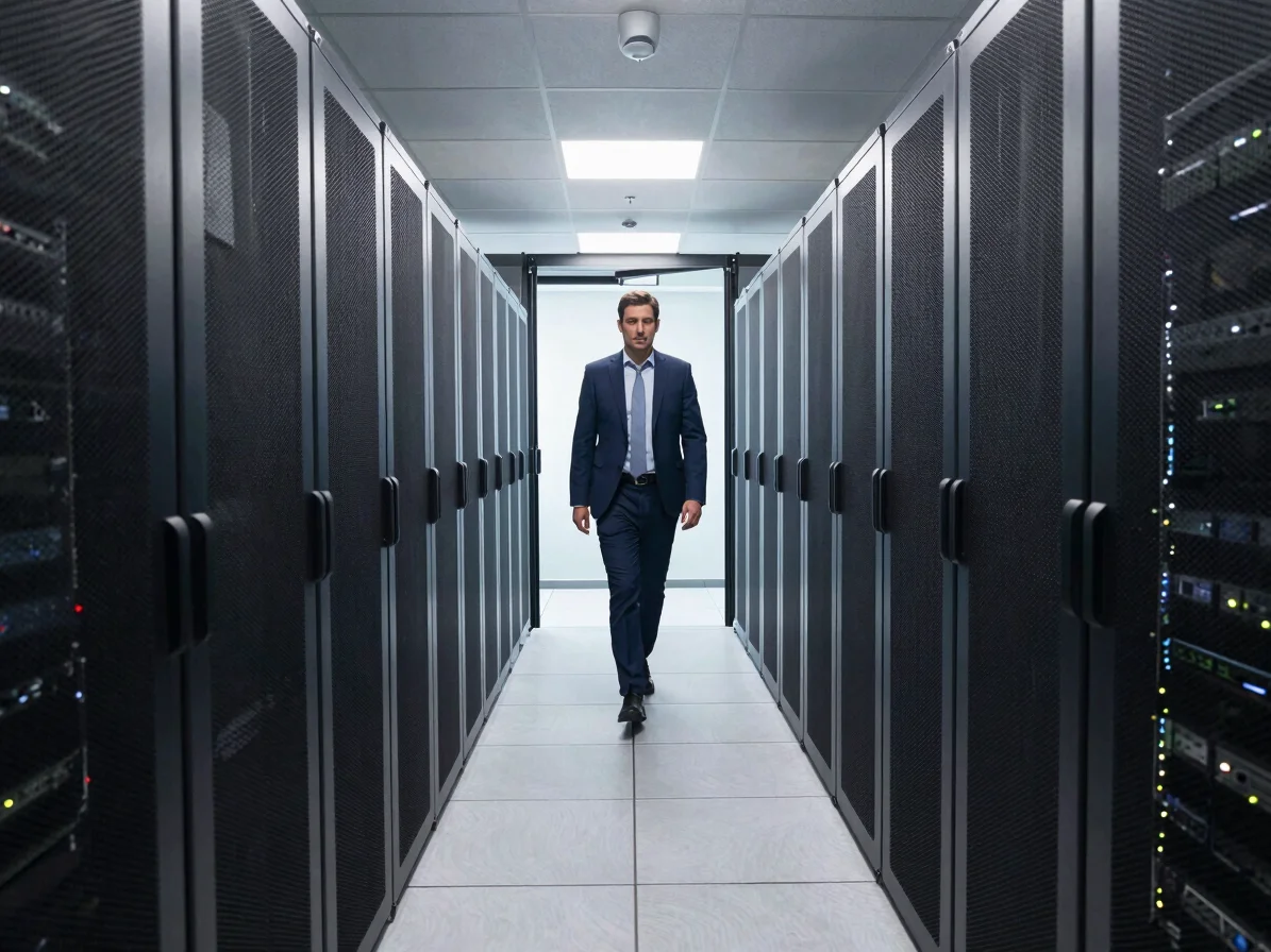Wide shot of a modern, sleek data center server room, clean and w