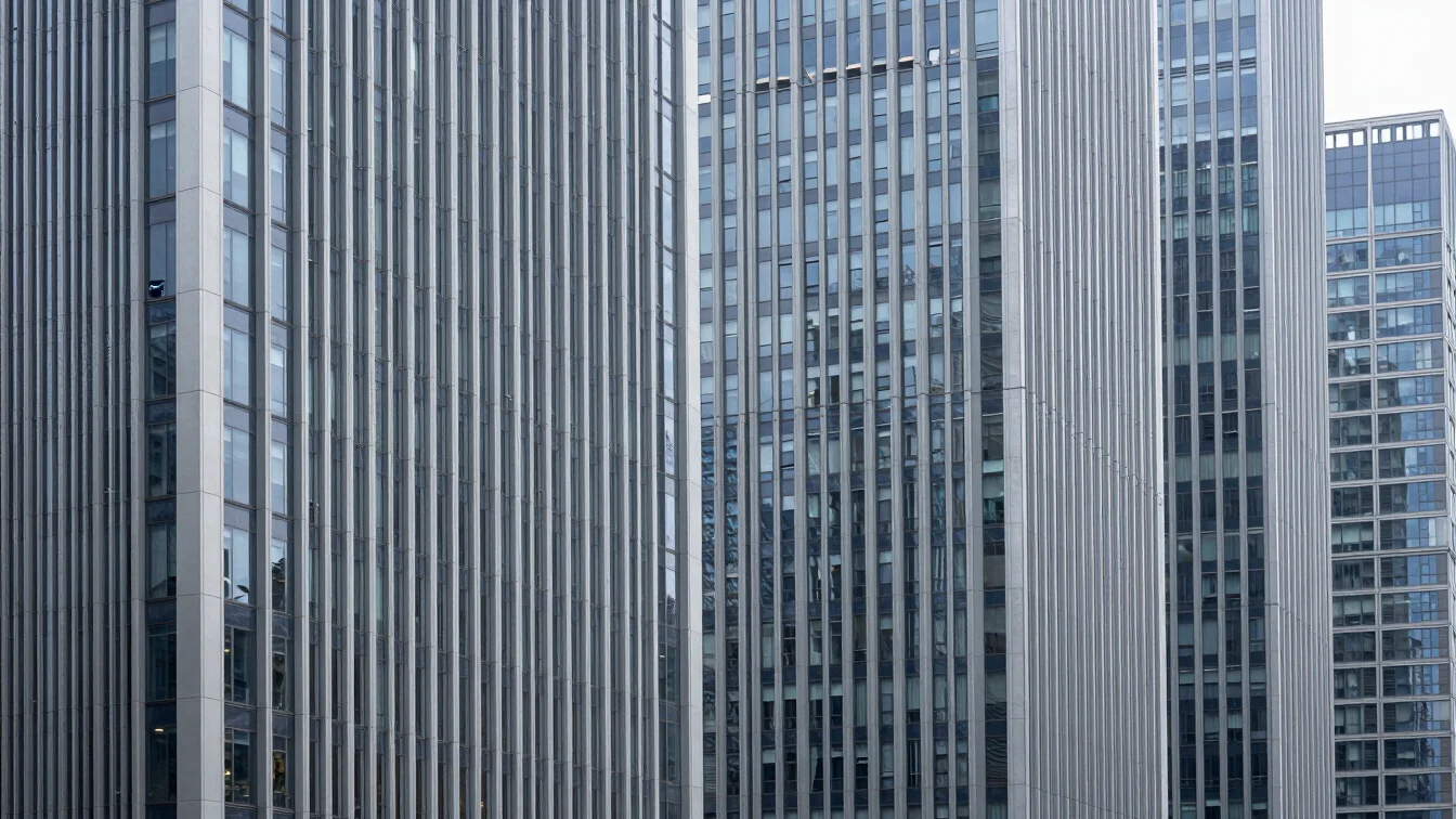 Architectural shot of a modern, high-rise business district at crisp neutral daylight, showing clean lines and glass fac