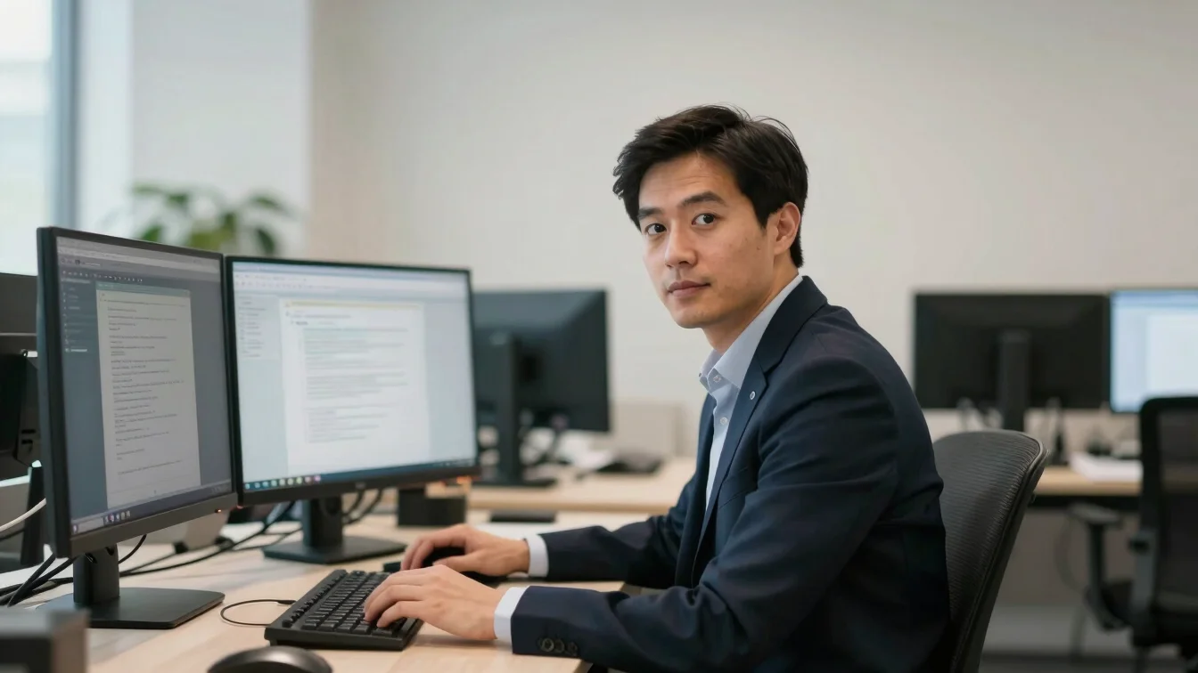 Medium candid editorial portrait of an executive working at a desk with multiple screens, in a modern office, neutral da
