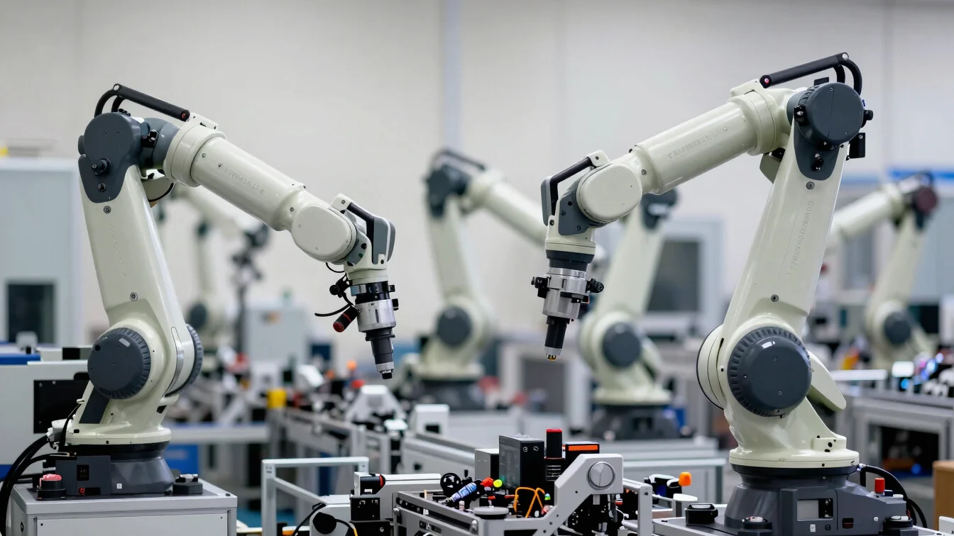 High-resolution 35mm photograph of advanced manufacturing robotics on an assembly line, clean and precise, neutral dayli