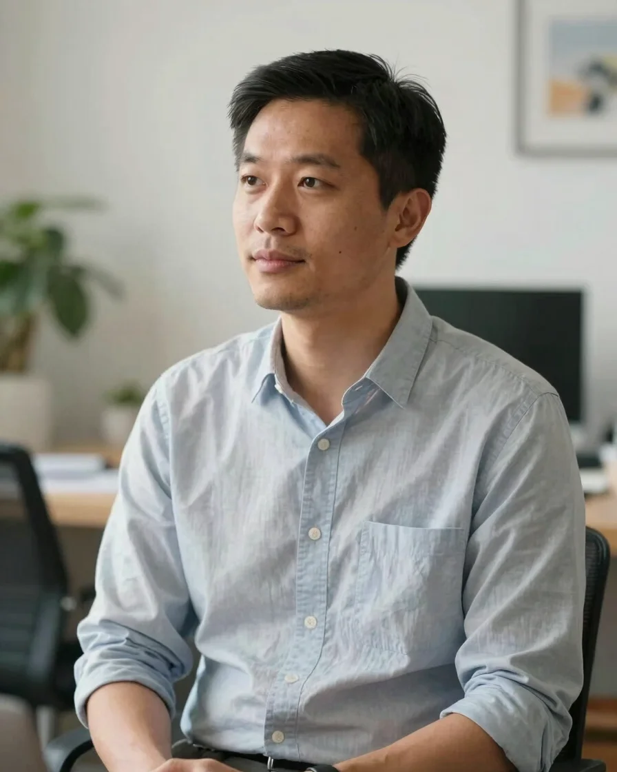 Medium candid editorial portrait of a founder in a natural working environment, focused and thoughtful, crisp neutral da