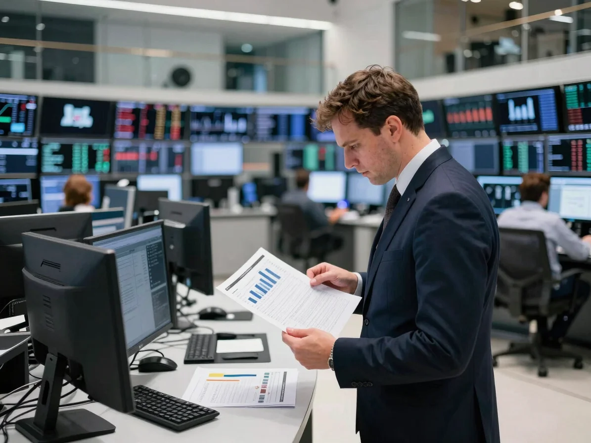 Wide candid editorial perspective of a modern financial trading f