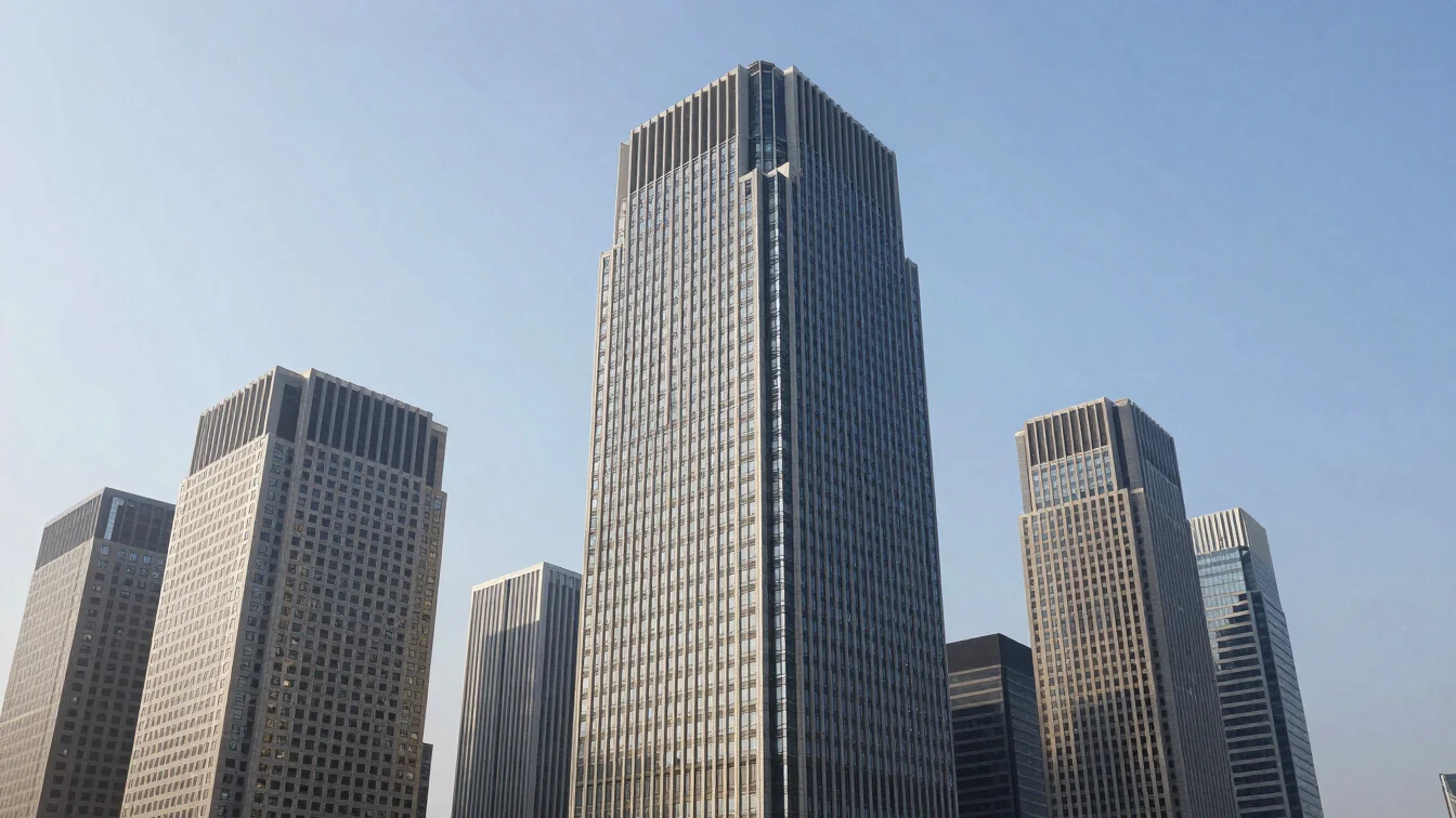 Architectural perspective of modern banking district skyscrapers against crisp daylight sky, sharp focus, editorial phot