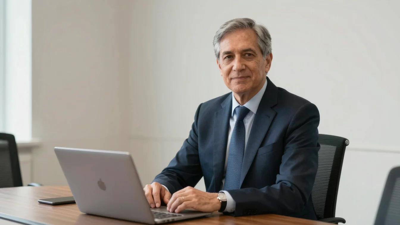 Executive portrait of a senior investment officer seated in a sunlit conference room, natural working environment, neutr