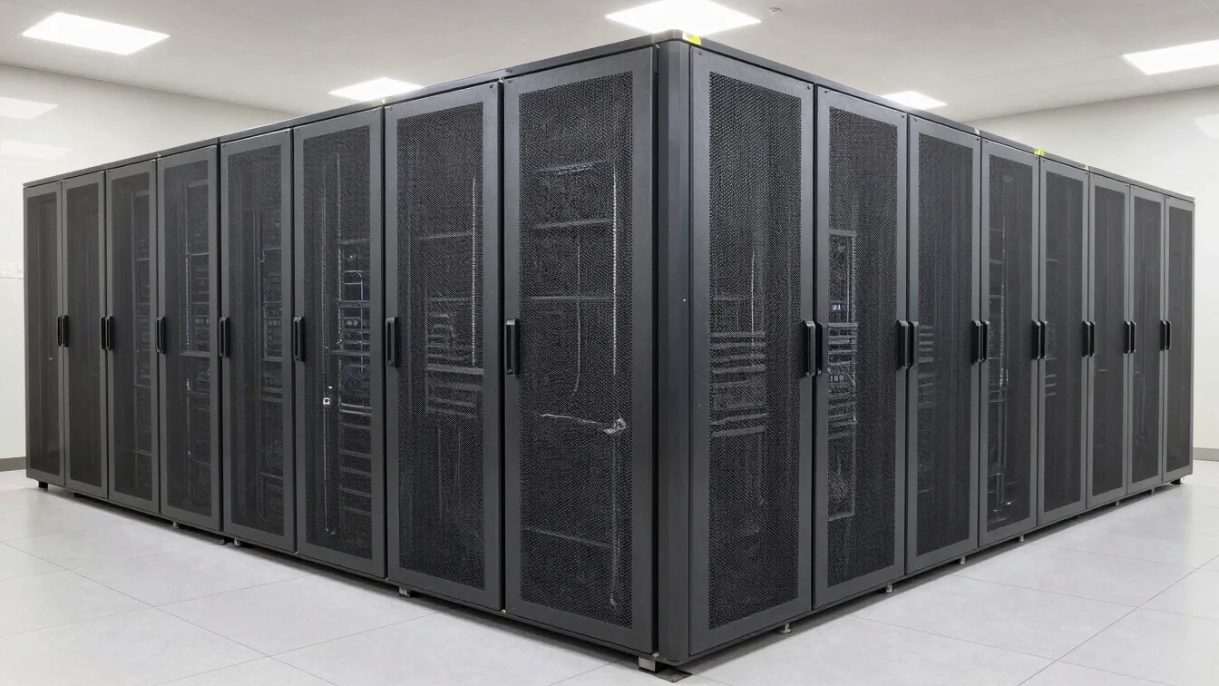 Clean data server infrastructure room with neutral interior lighting and sharp architectural perspective