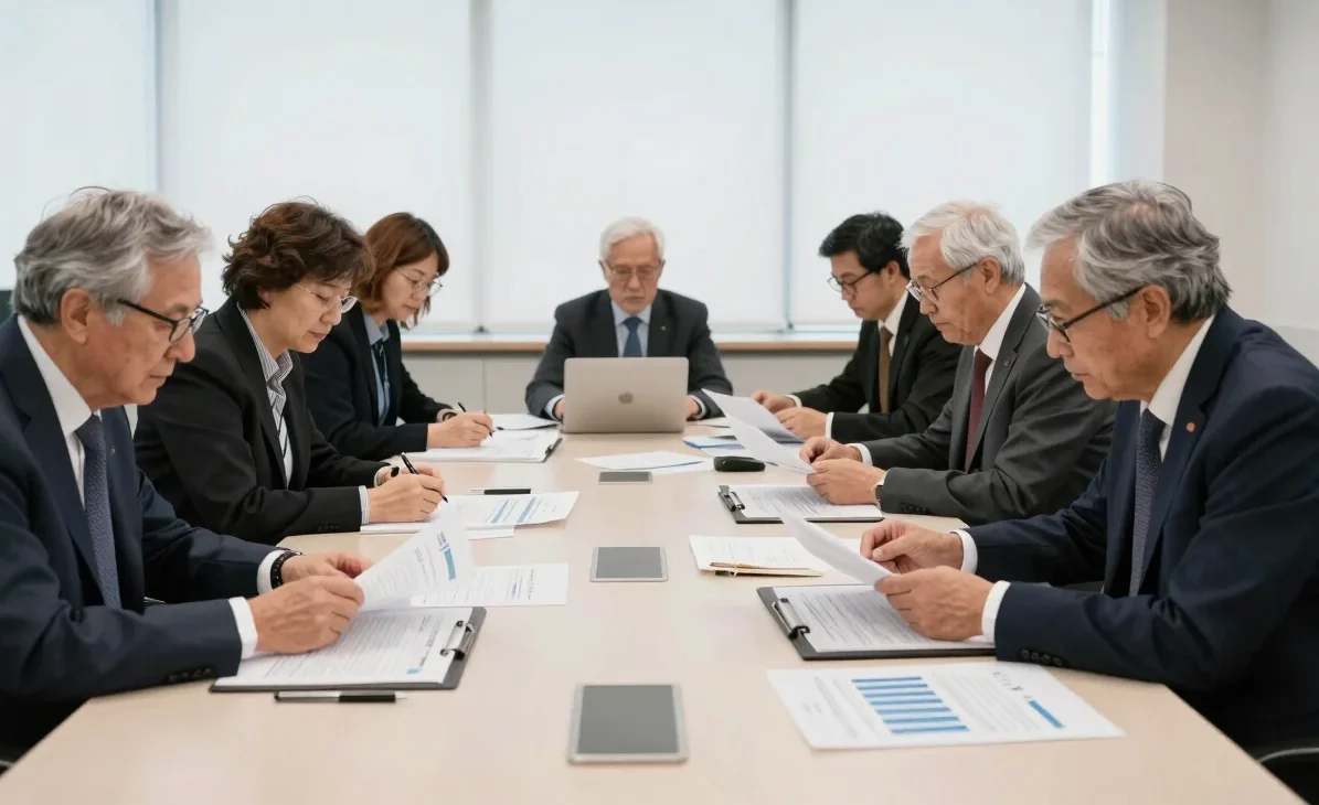 Wide candid editorial photograph of senior journalists and researchers reviewing financial reports and data charts in a