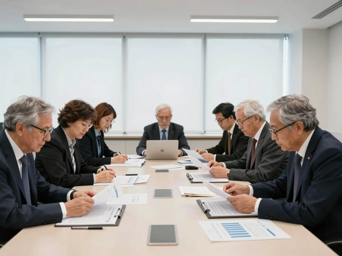 Wide candid editorial photograph of senior journalists and researchers reviewing financial reports and data charts in a