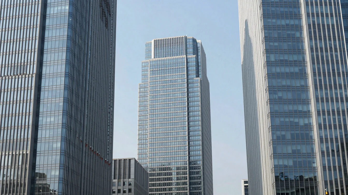 Editorial photograph of high-rise corporate financial district towers with crisp glass geometry in clear daylight