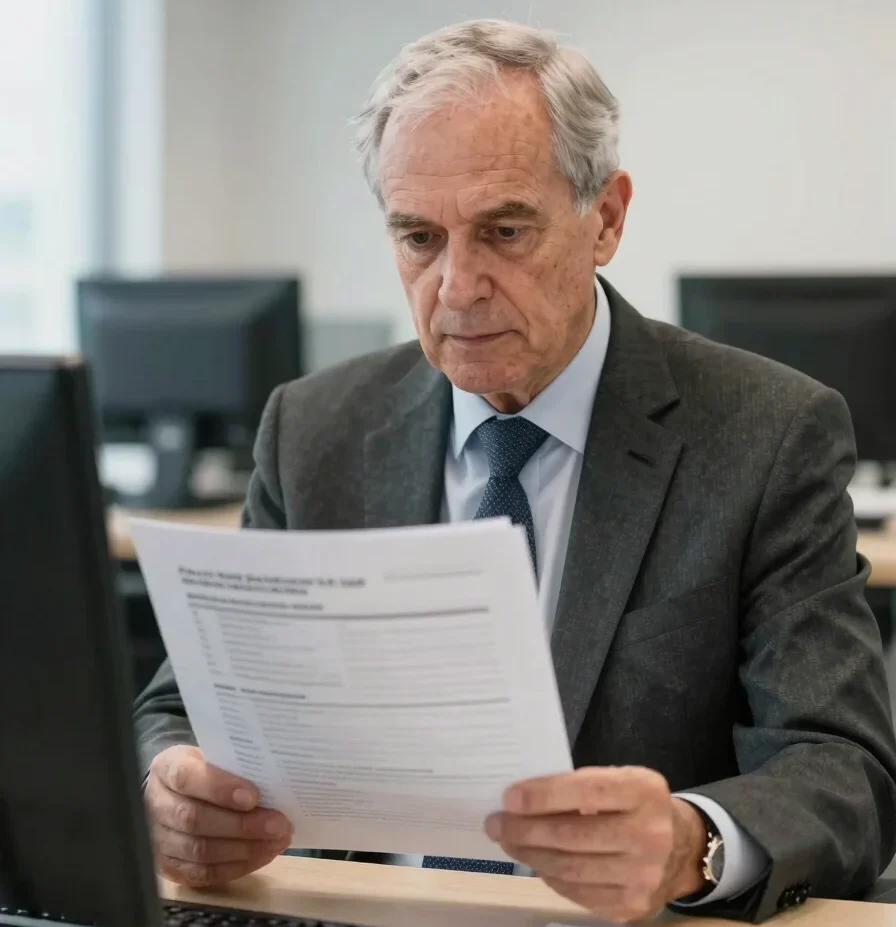 Medium candid portrait of a senior financial analyst examining regulatory disclosures in a structured corporate office e