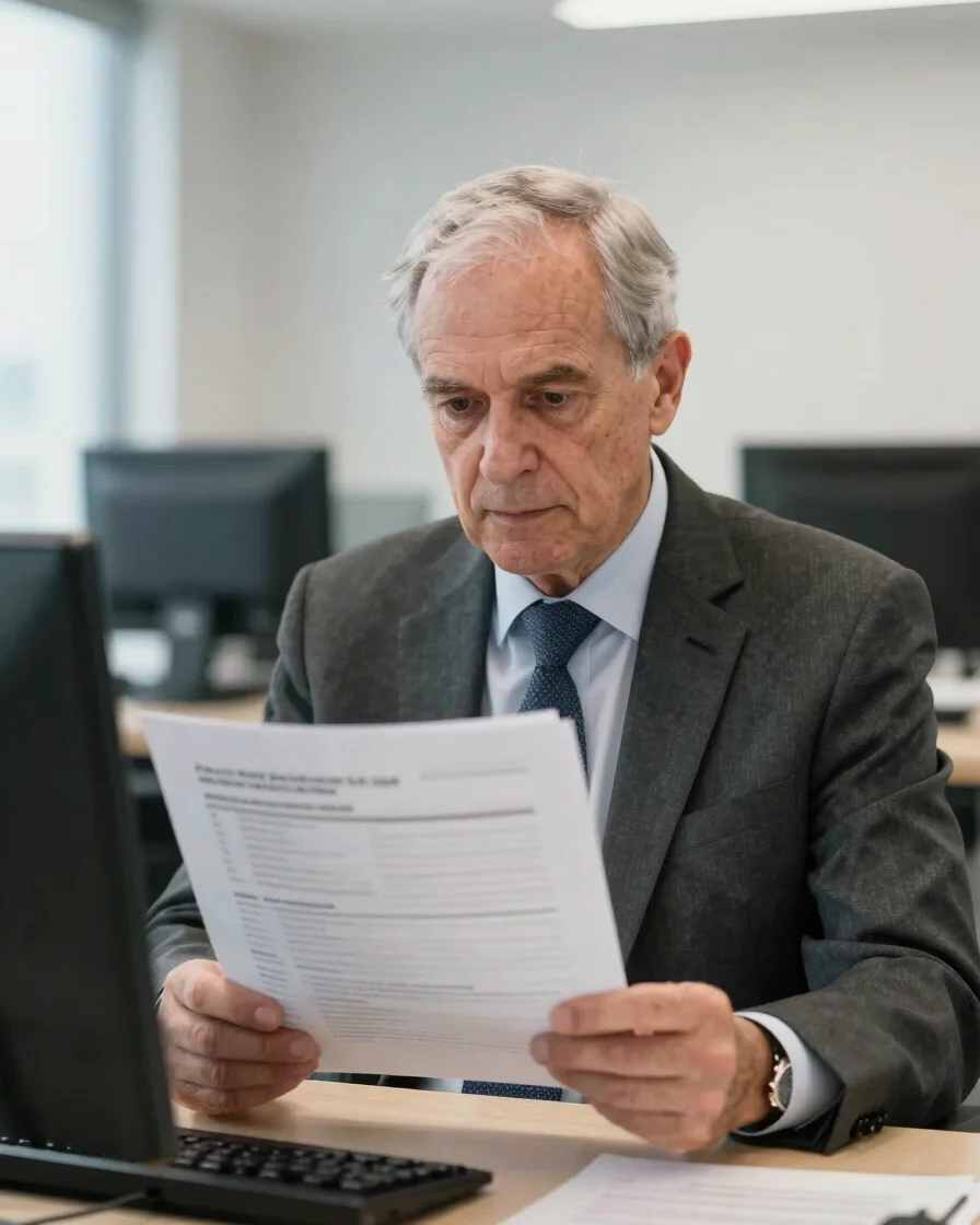 Medium candid portrait of a senior financial analyst examining regulatory disclosures in a structured corporate office e
