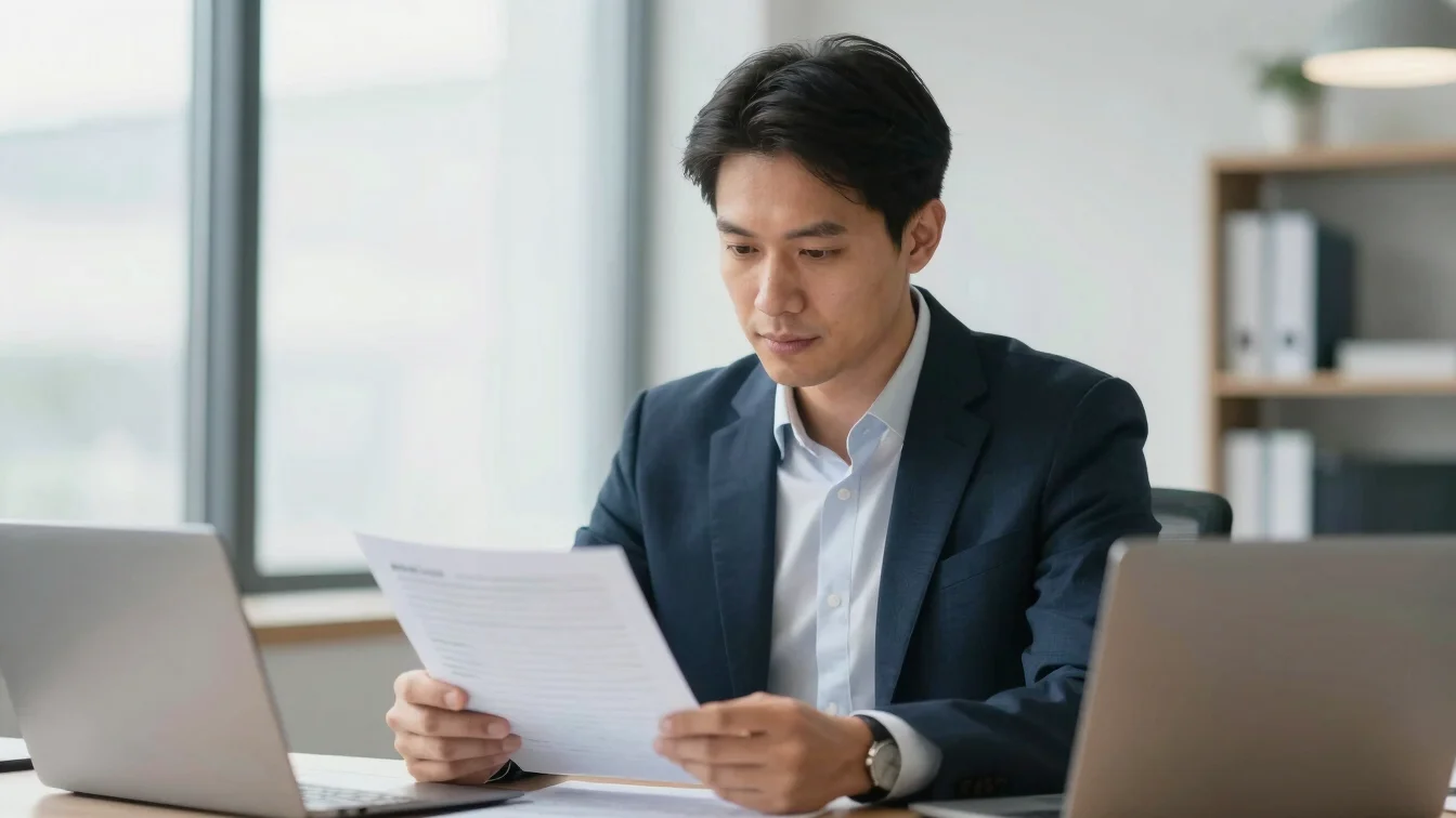 Medium editorial portrait of executive founder reviewing financial statements in bright modern office environment