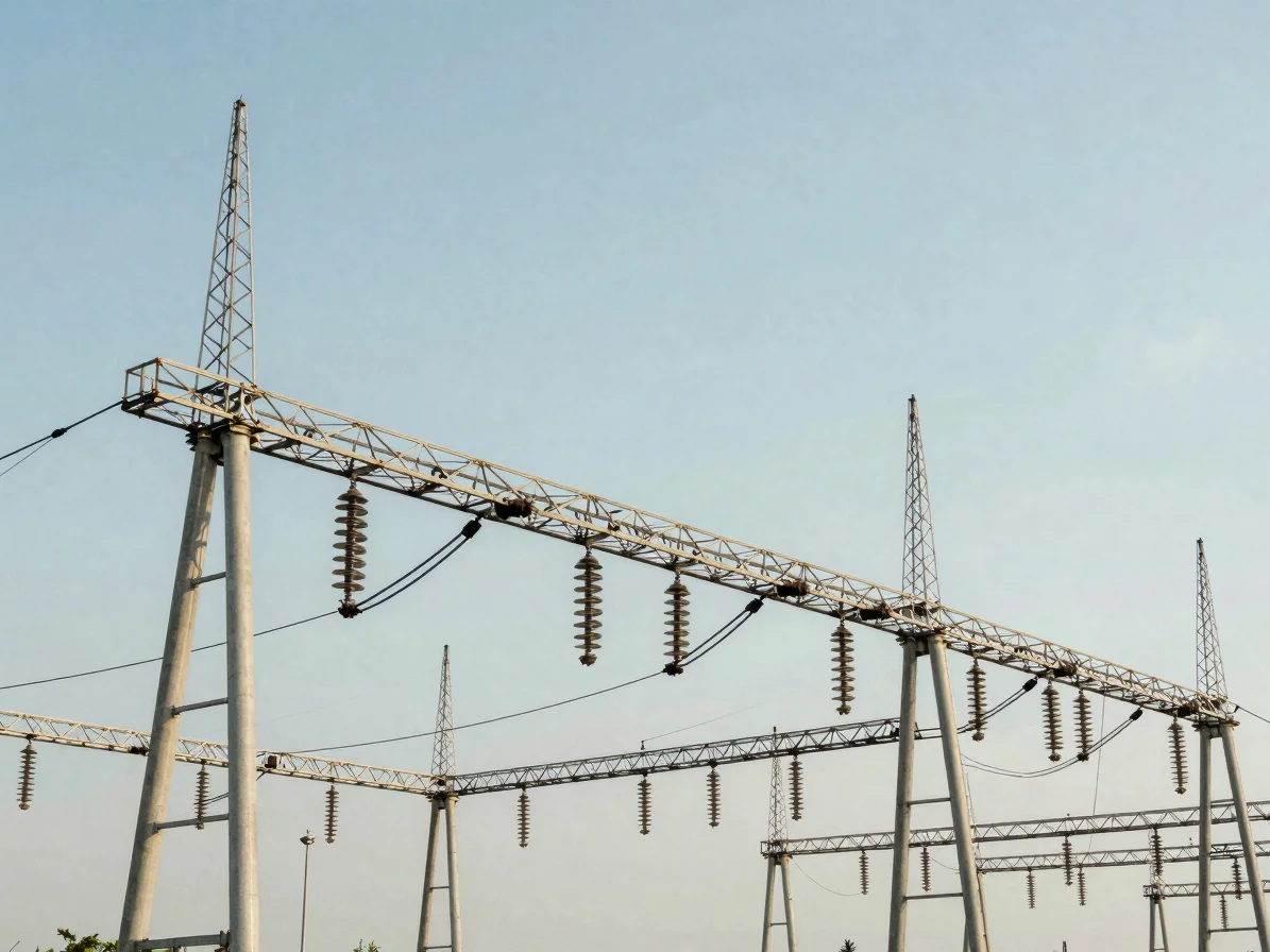 High-tech electrical infrastructure grid with structured architectural perspective under clear daylight