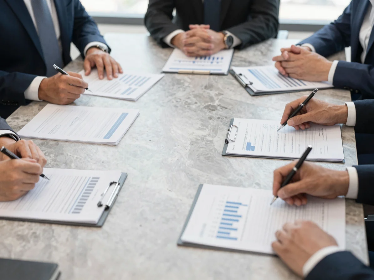 Executive boardroom discussion with financial reporting documents laid out on stone table in daylight