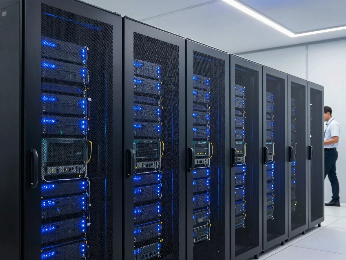 Wide shot of a modern server farm with glowing blue lights, clean