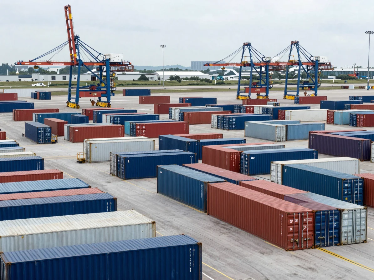 Wide editorial photograph of automated intermodal container terminal logistics under balanced daylight.
