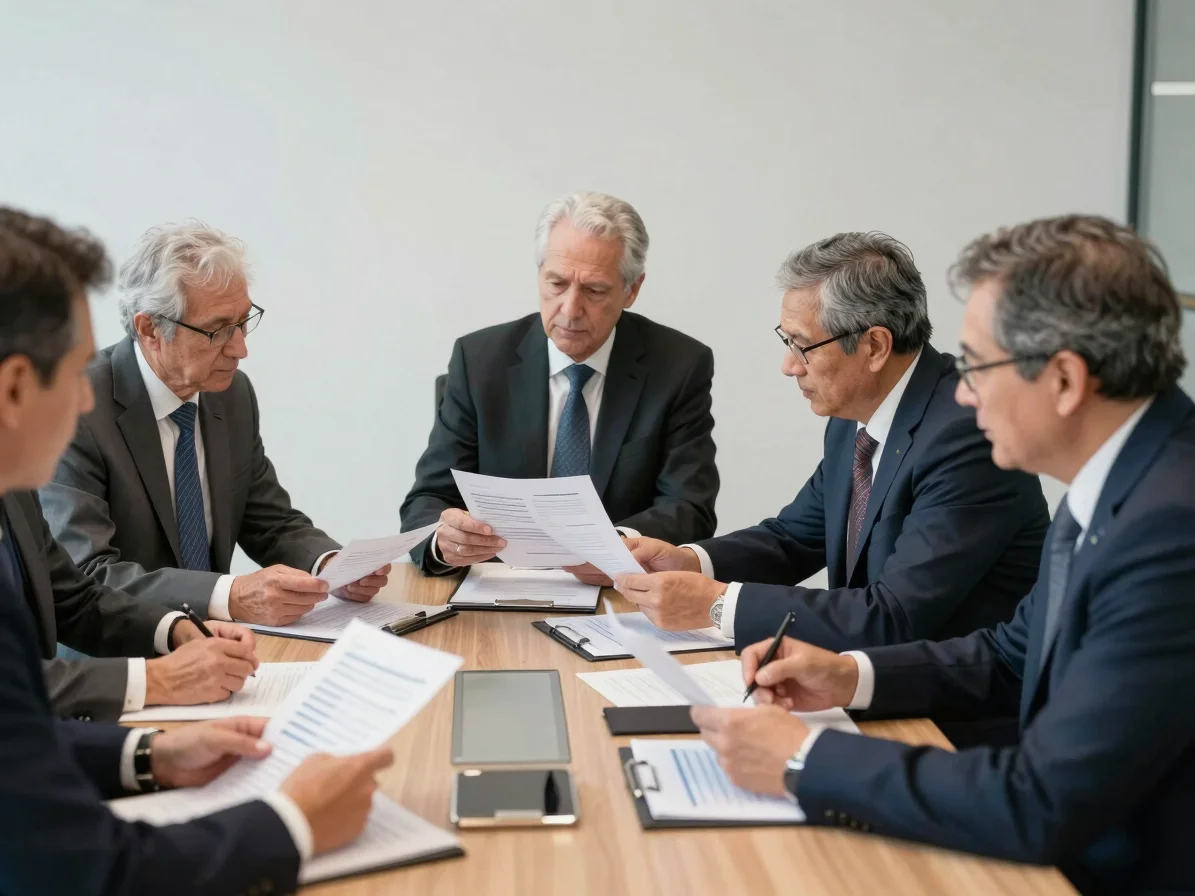 Medium candid editorial photograph of senior executives reviewing strategic reports in modern corporate boardroom.